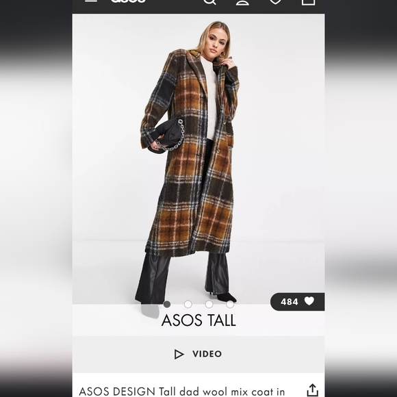 ASOS DESIGN Tall dad wool mix coat in brushed check in brown - Picture 1 of 4